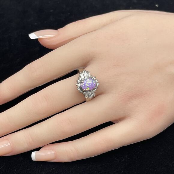 Oval Fire Opal & Cubic Zirconia Ballerina Ring Sterling Silver 925 Size 9.25 - Picture 6 of 7